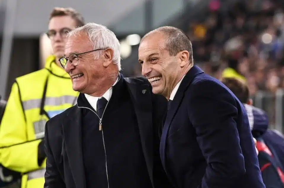 Serie A 2023/2024: Massimiliano Allegri (phải) và Claudio Ranieri trong trận Juventus vs Cagliari tuần 12